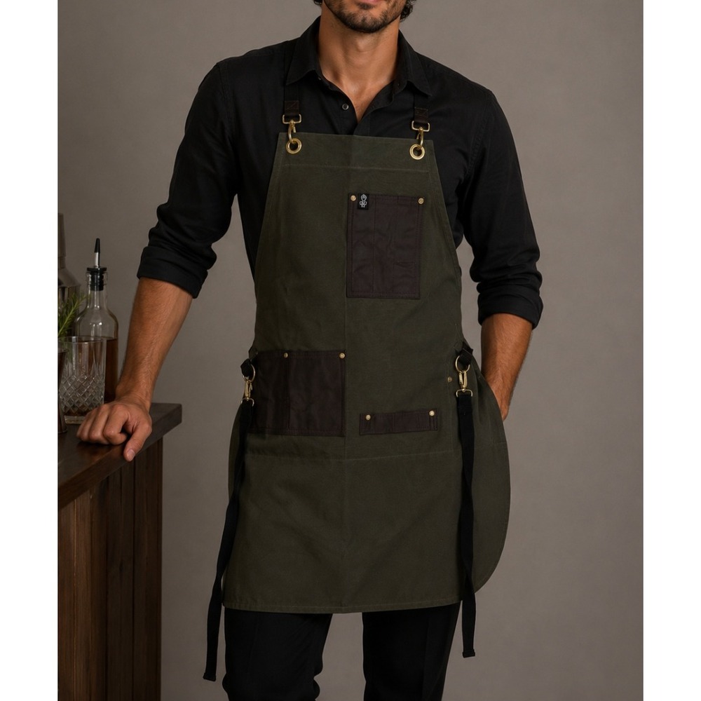 S&R Apron Co. Professional Canvas Leather Work Apron Olive Green Brown Brass